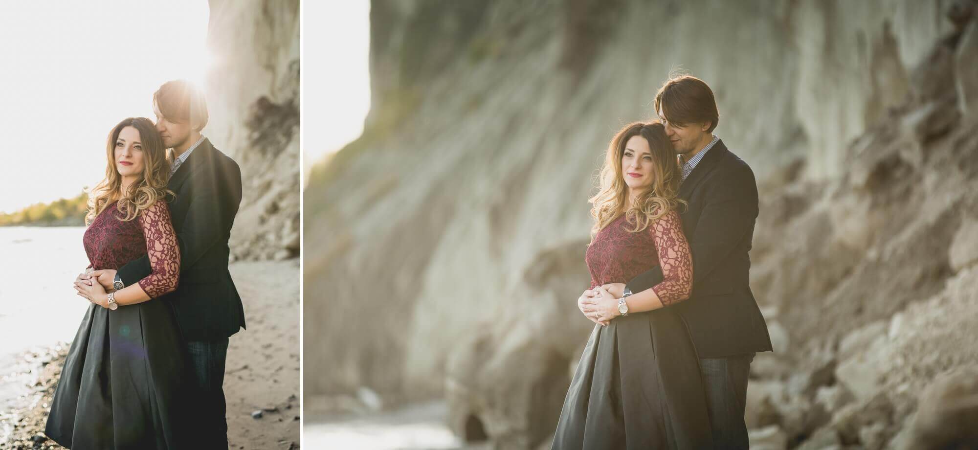 Beautiful sun-flare image of the bride-to-be wrapped in her finace's arms for their engagement shoot at Scarborough Bluffs in Toronto