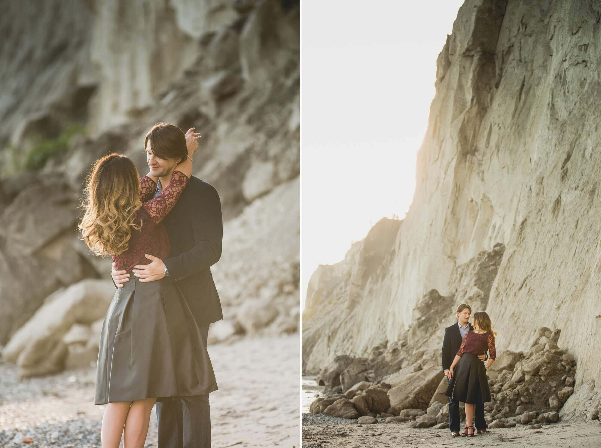 Fiancee has her arms wrapped around his neck for their engagement shoot at Scarborough Bluffs in Toronto
