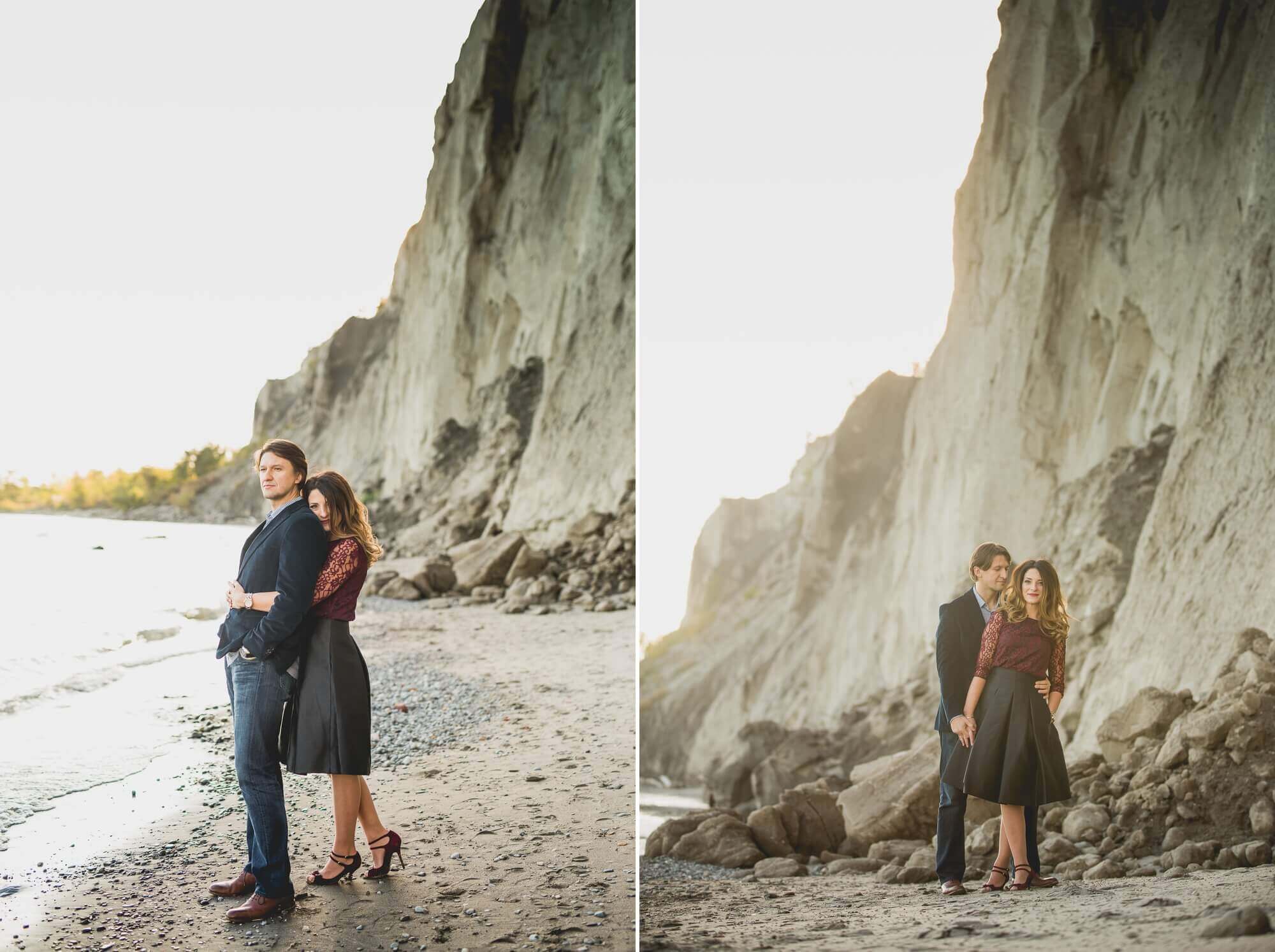 Romantic engagement pose at Scarborough Bluffs in Toronto