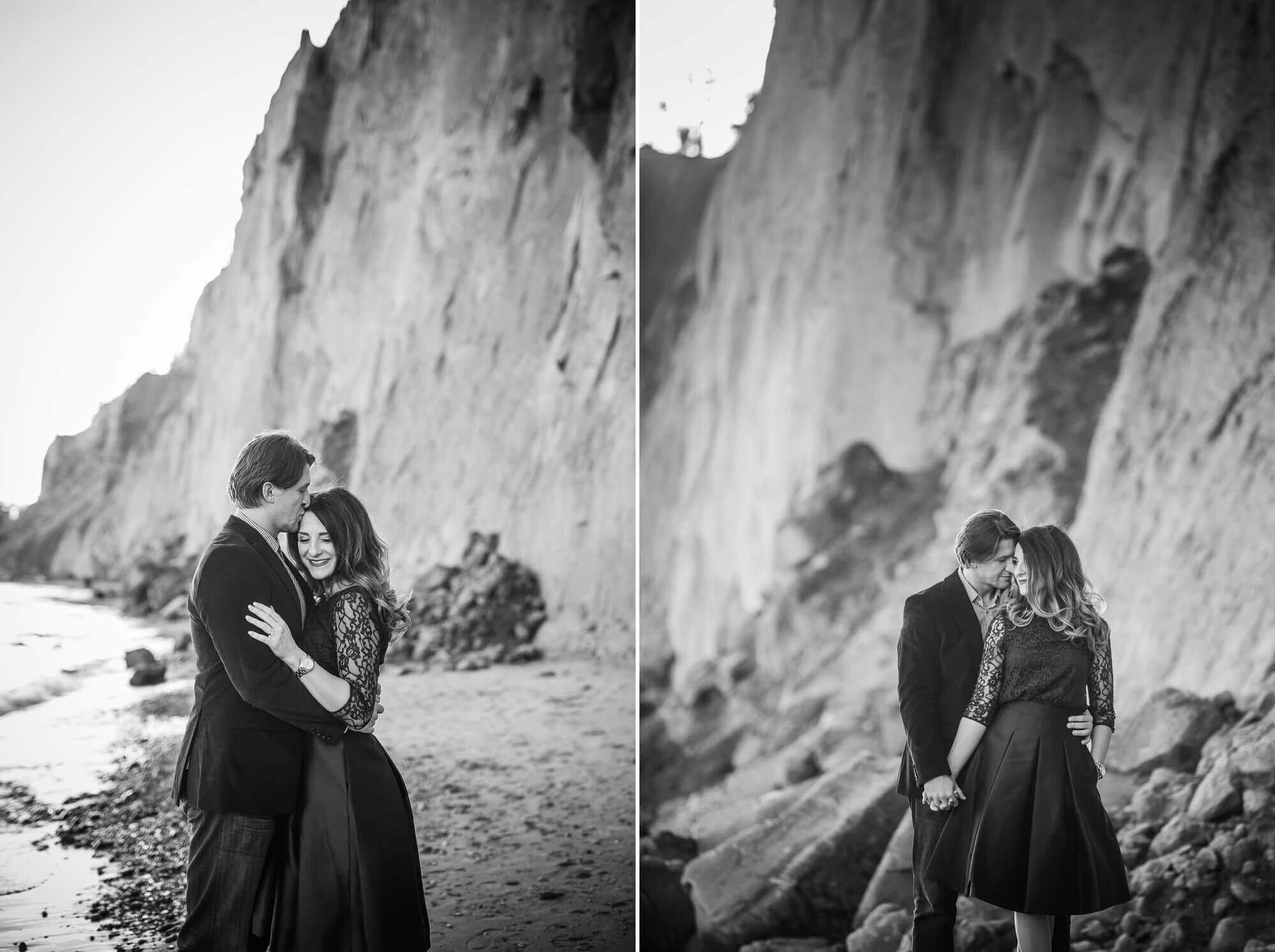 Black and white romantic forehead kiss for an engagement session at Scarborough Bluffs in Toronto