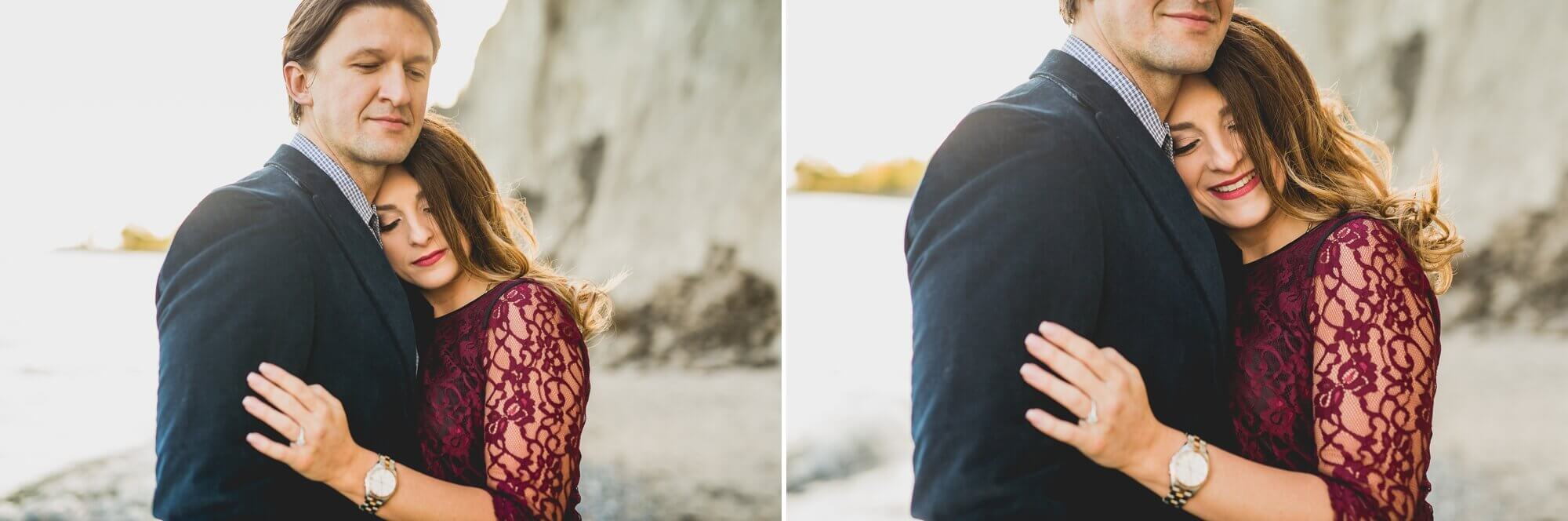 Closeup ring detail pose for an engagement session at Scarborough Bluffs in Toronto