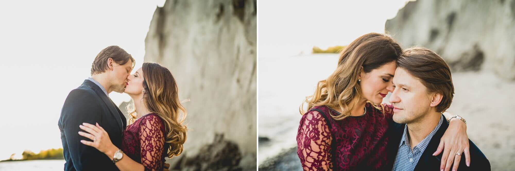 Romantic kiss for an engagement session at Scarborough Bluffs in Toronto