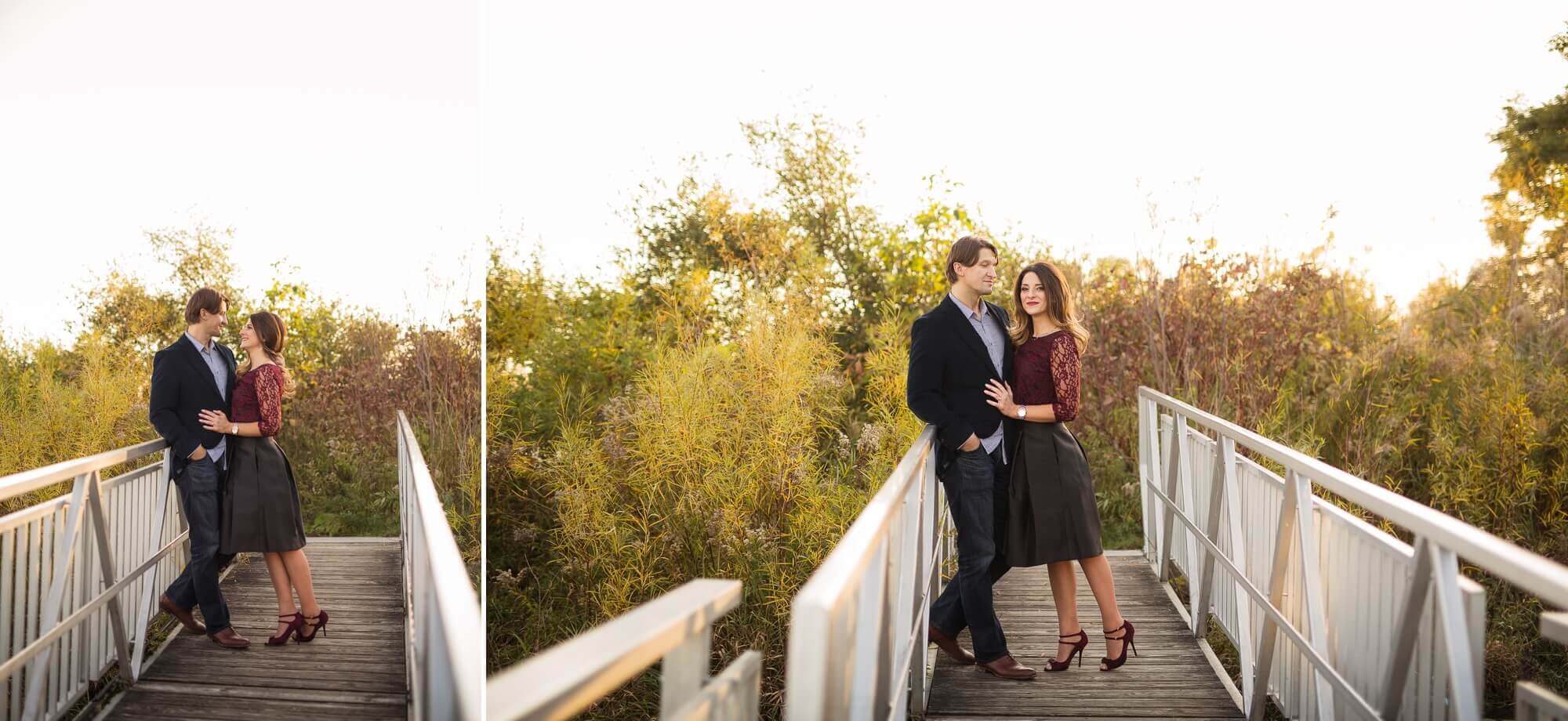 Elegant bridge pose for an engagement session at Scarborough Bluffs in Toronto