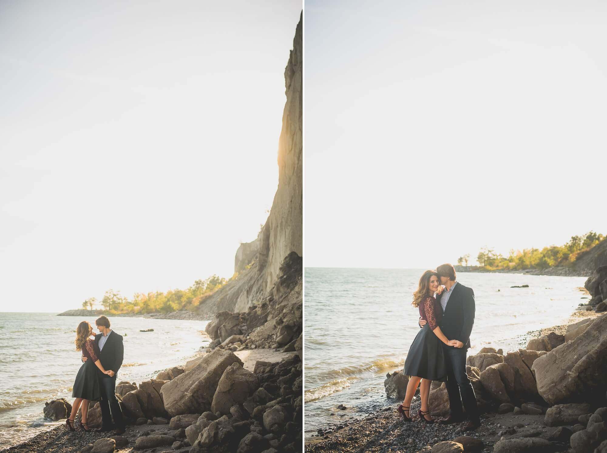 Beautiful sun-filled portraits of the couple snuggled in together at Scarborough Bluffs for their engagement shoot in Toronto