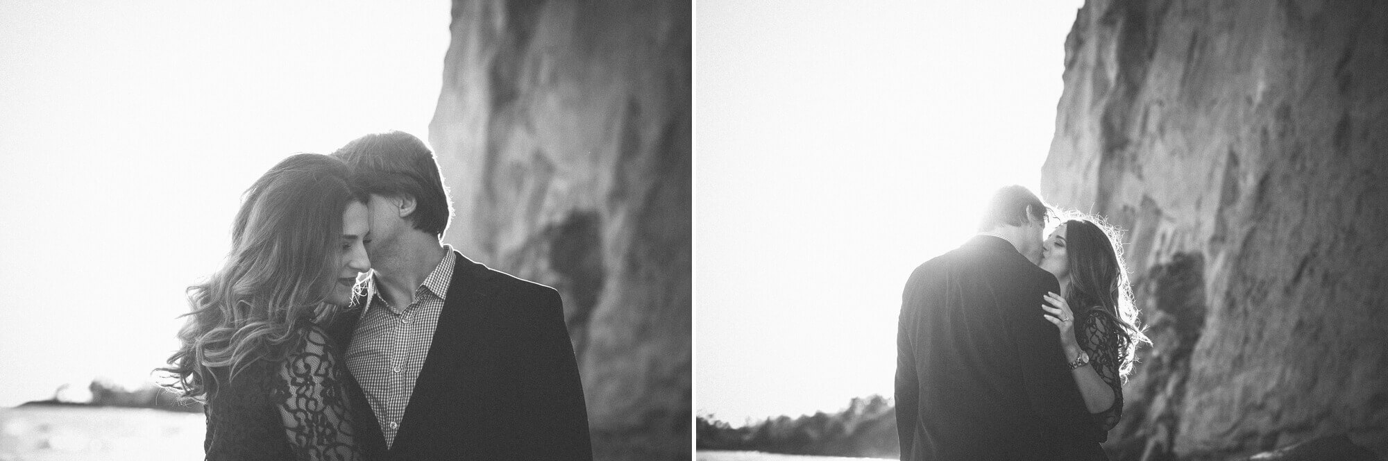 Black and white personal portraits of the couple's faces close together for their Scarborough Bluffs engagement shoot in Toronto