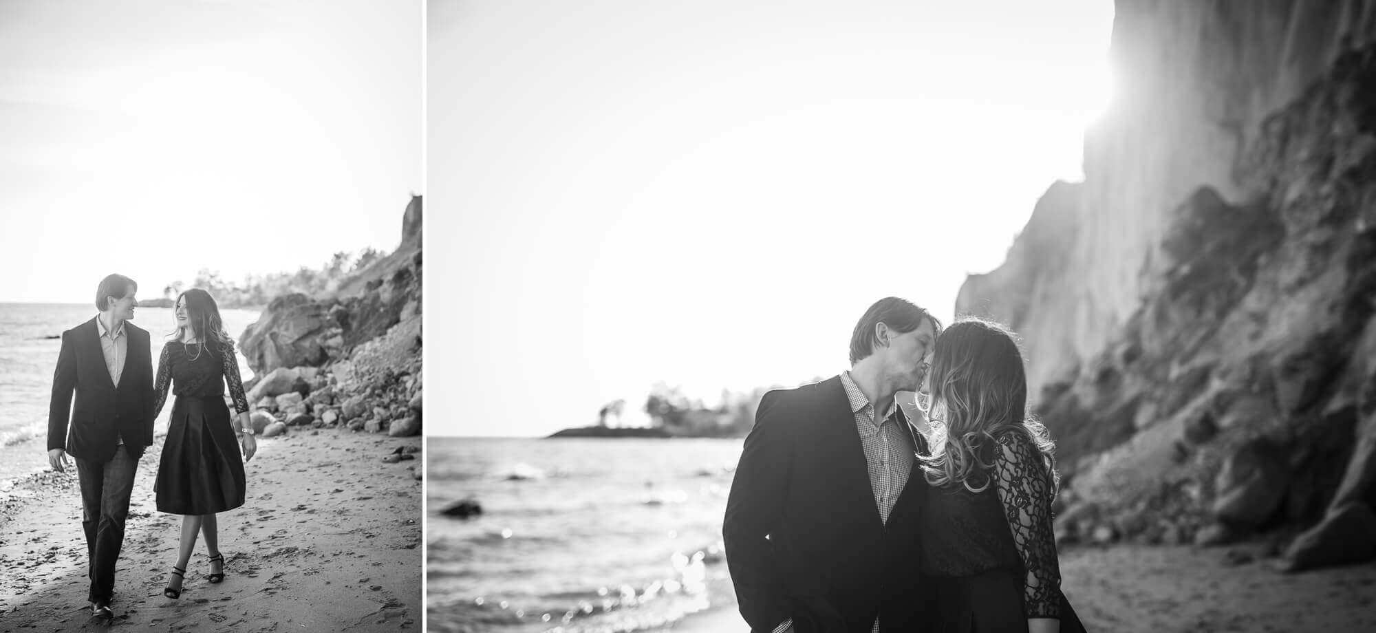 Black and white portraits of the couple kissing for their engagement shoot at Scarborough Bluffs in Toronto