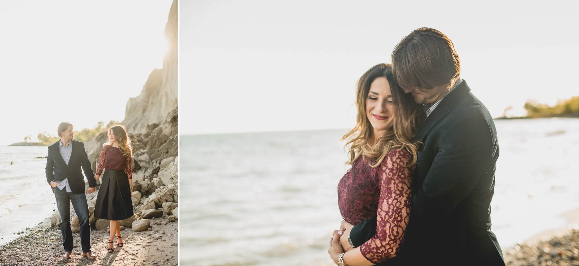 The bride-to-be wrapped in her fiance's arms during their engagement shoot at Scarborough Bluffs in Toronto