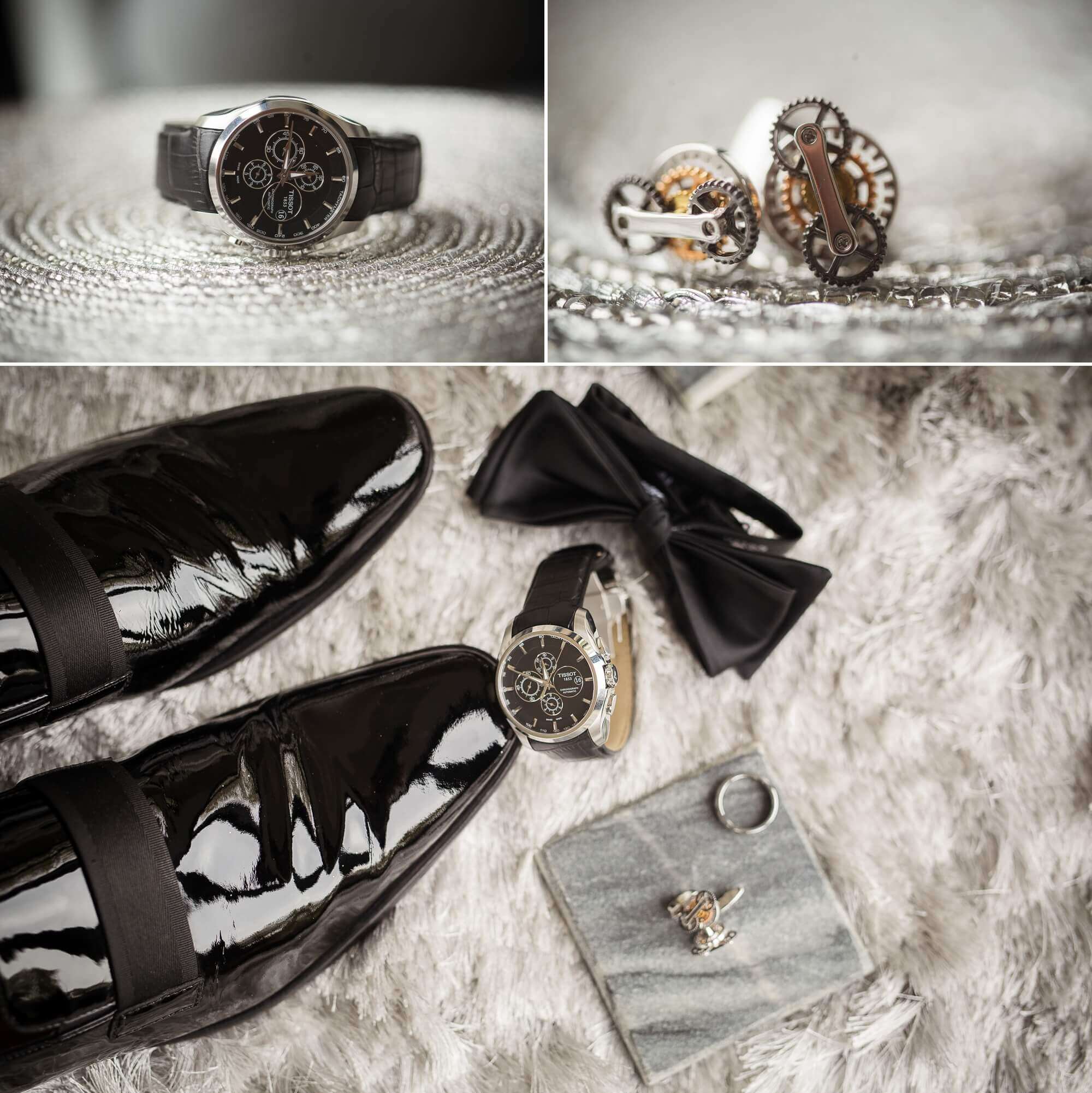 Details of the grooms watch, cufflinks, bowtie and shoes for his wedding day 