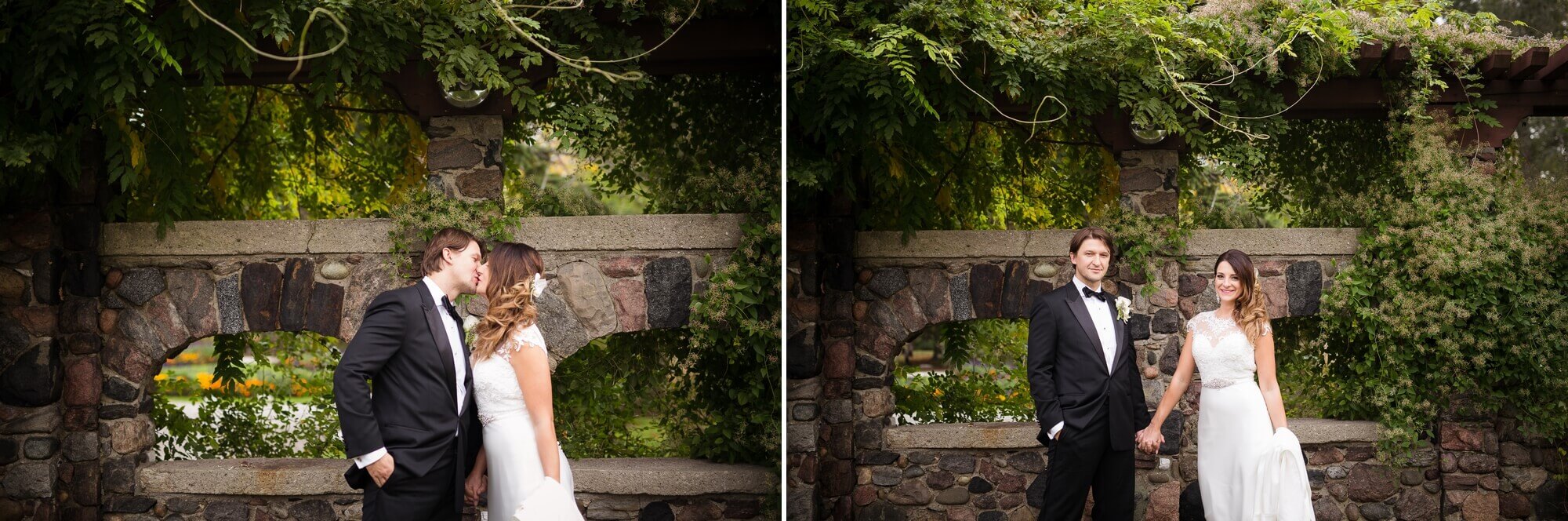 Outdoor portraits of the bride and groom in front of a stone wall at Bosnian Islamic Associations Gazi Husrev Beg, Toronto