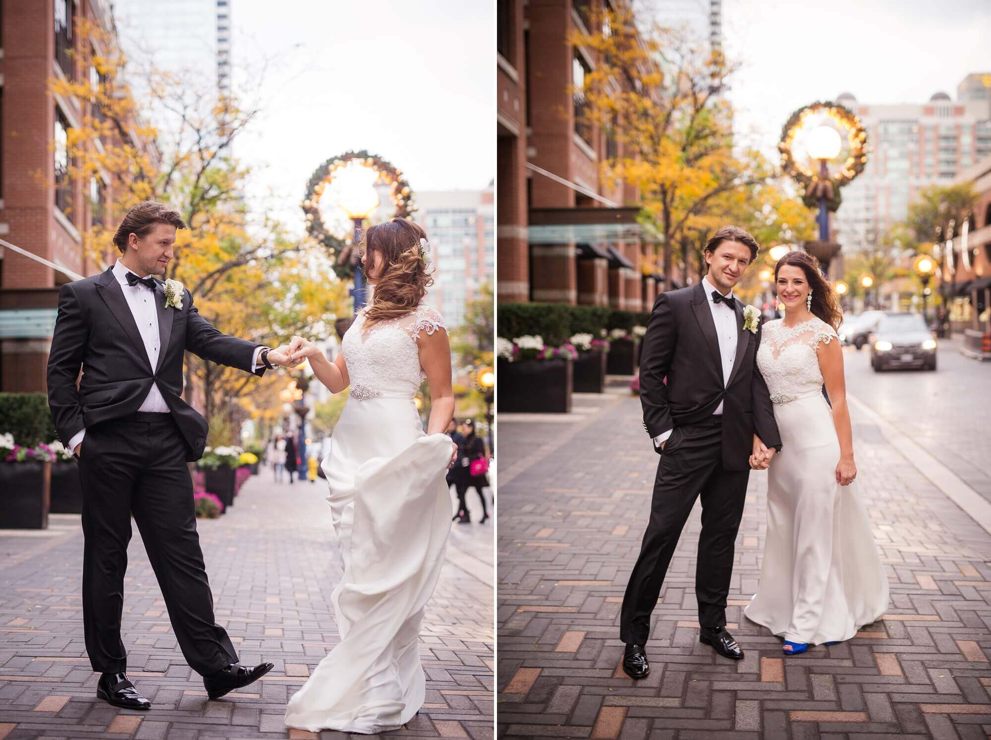 City portraits of the bride and groom at Yorkville, Toronto