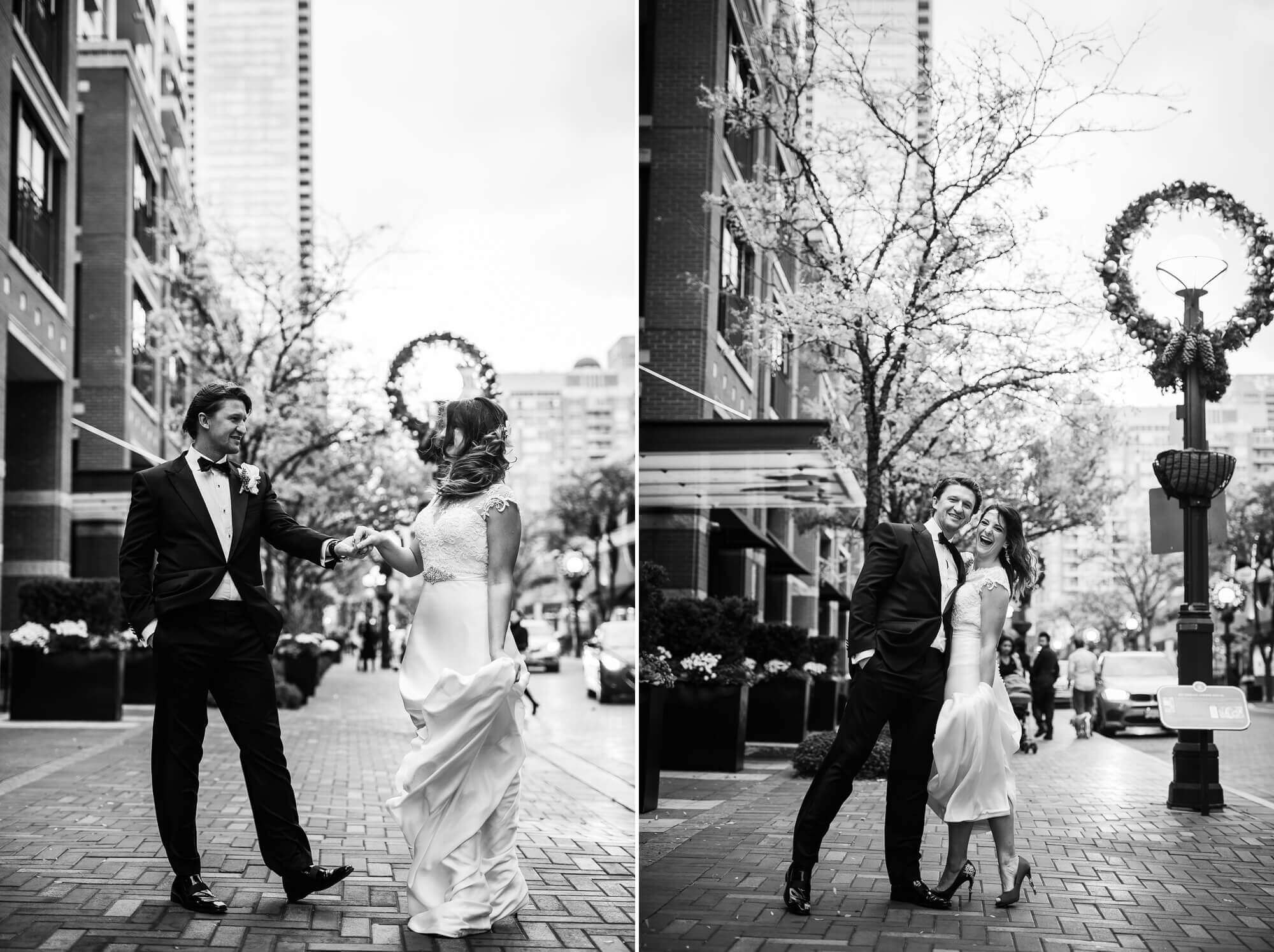 Beautiful black and white city portraits of the bride and groom in the streets of Yorkville, Toronto
