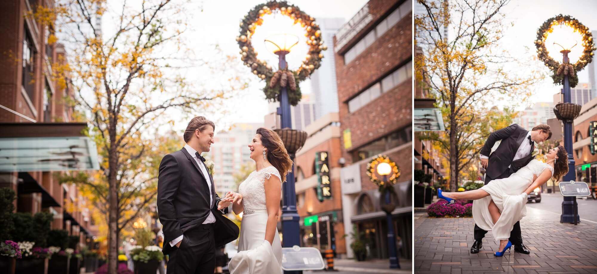 City portraits of the groom dipping his bride in Yorkville, Toronto