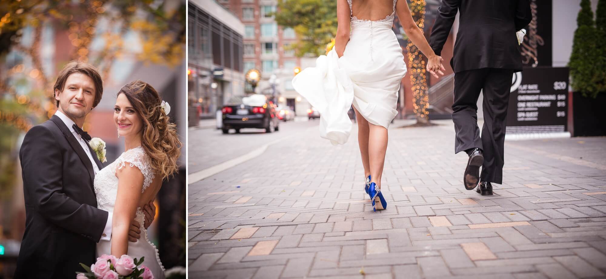 City details of the bride and groom's shoes as they walk down the streets of Yorkville, Toronto