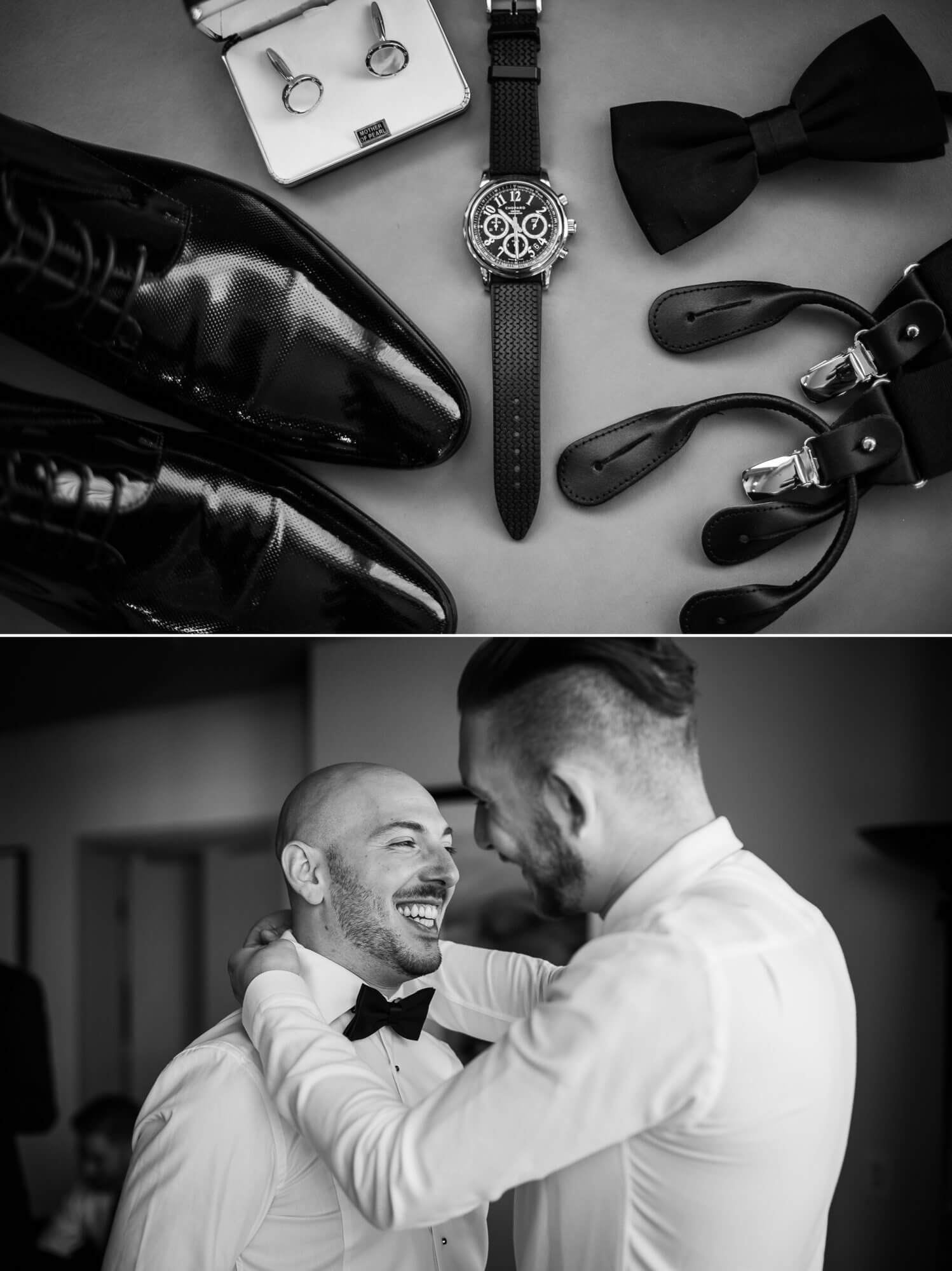 Detail shot of the grooms shoes, cuffs, watch, bowtie and suspenders. groom getting ready.