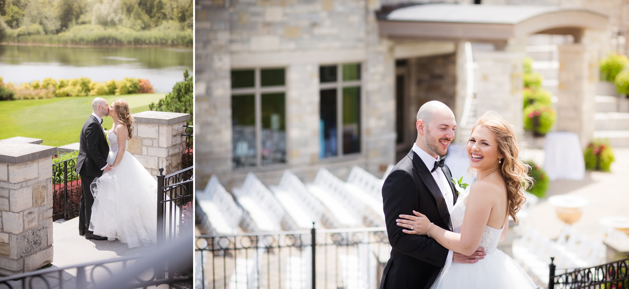 Toronto Wedding at Eagles Nest. Bride and groom share a kiss on the patio overlooking the pond