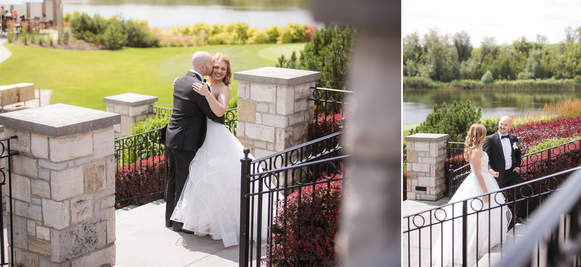 Toronto Wedding at Eagles Nest. The groom kisses the bride on the cheek on the outside patio.