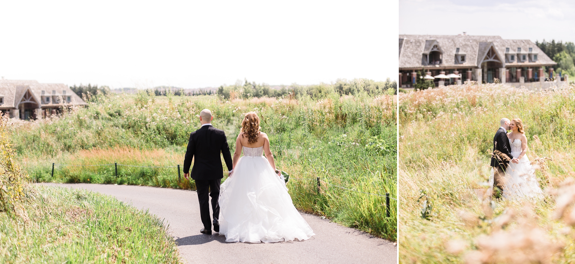 Toronto Wedding at Eagles Nest. Back view of the bride and groom walking down the golf cart path between fields