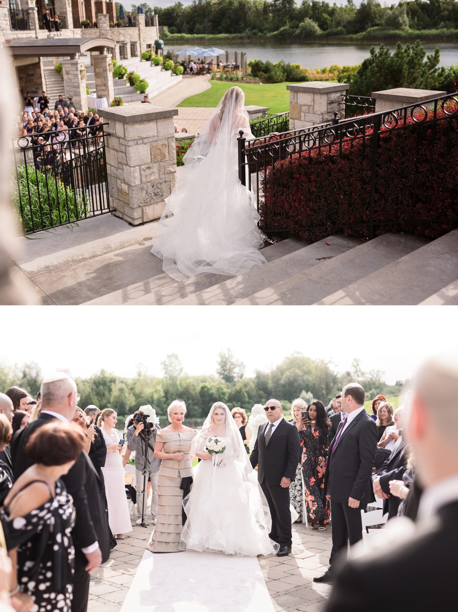 Toronto Wedding at Eagles Nest. The bride descending the staircase towards the aisle, as guests watch from below