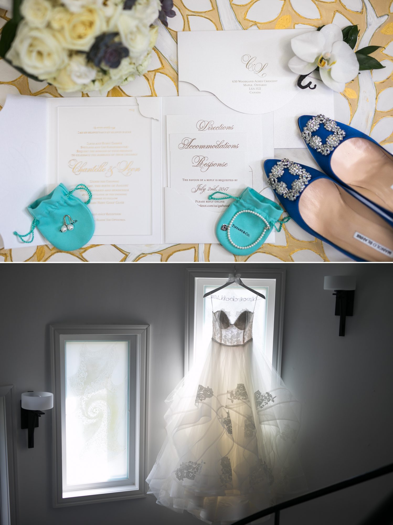  Detail shot of the wedding invitation with bride's jewelry and shoes the bride's dress hangs in front of a window. 