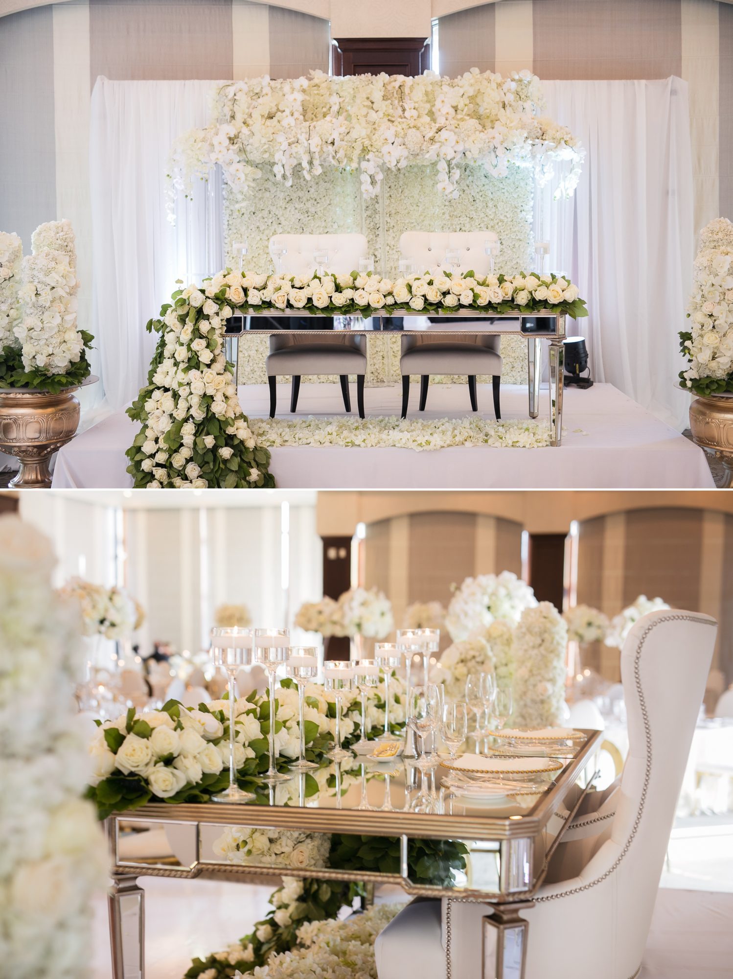 Toronto Wedding at Eagles Nest. Detailed shots of the wedding decor and head table seating decorated by many flowers