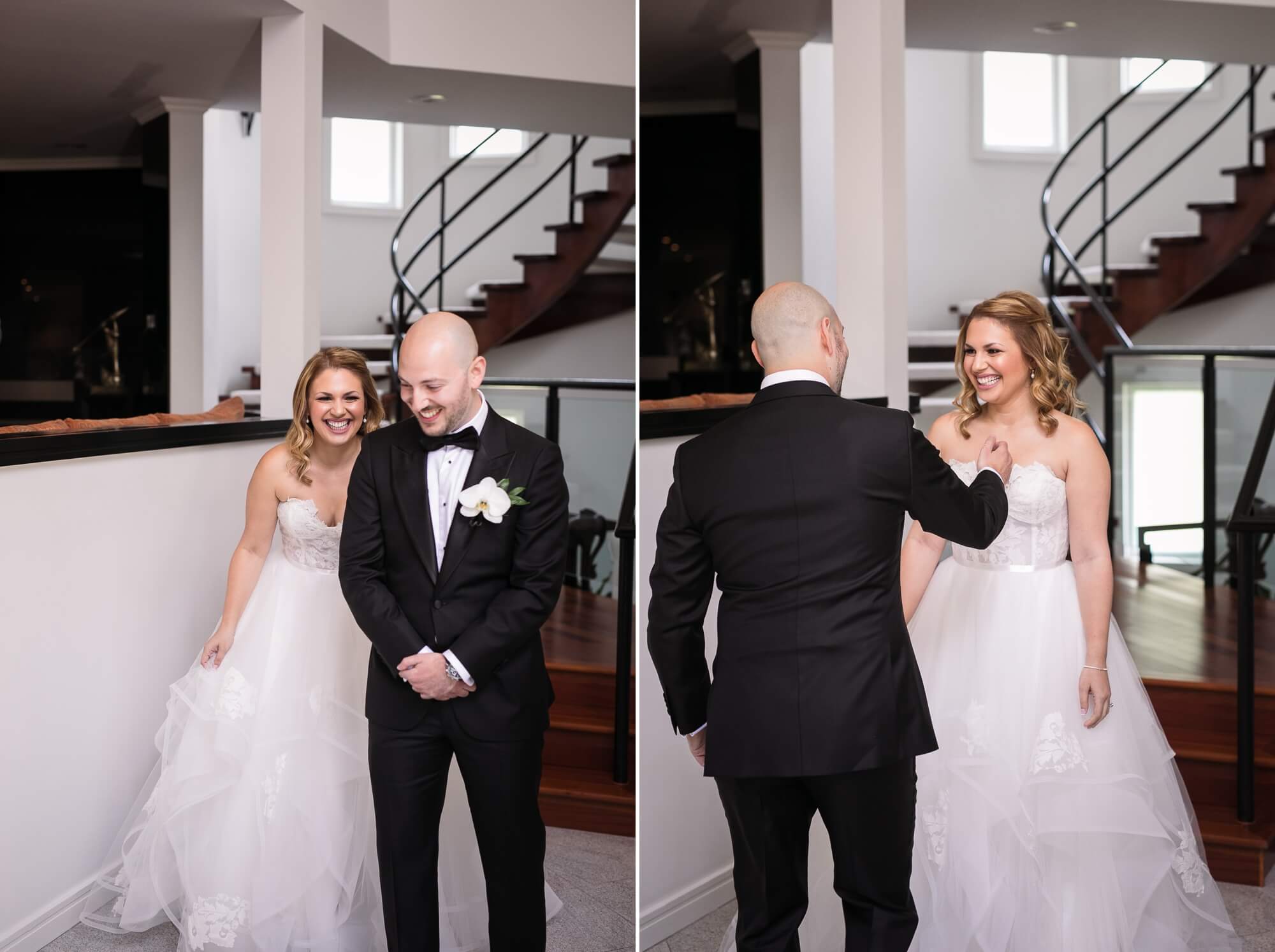 Wedding in Toronto at Eagles Nest. The bride and groom share a joyful laugh with anticipation for their first look. 