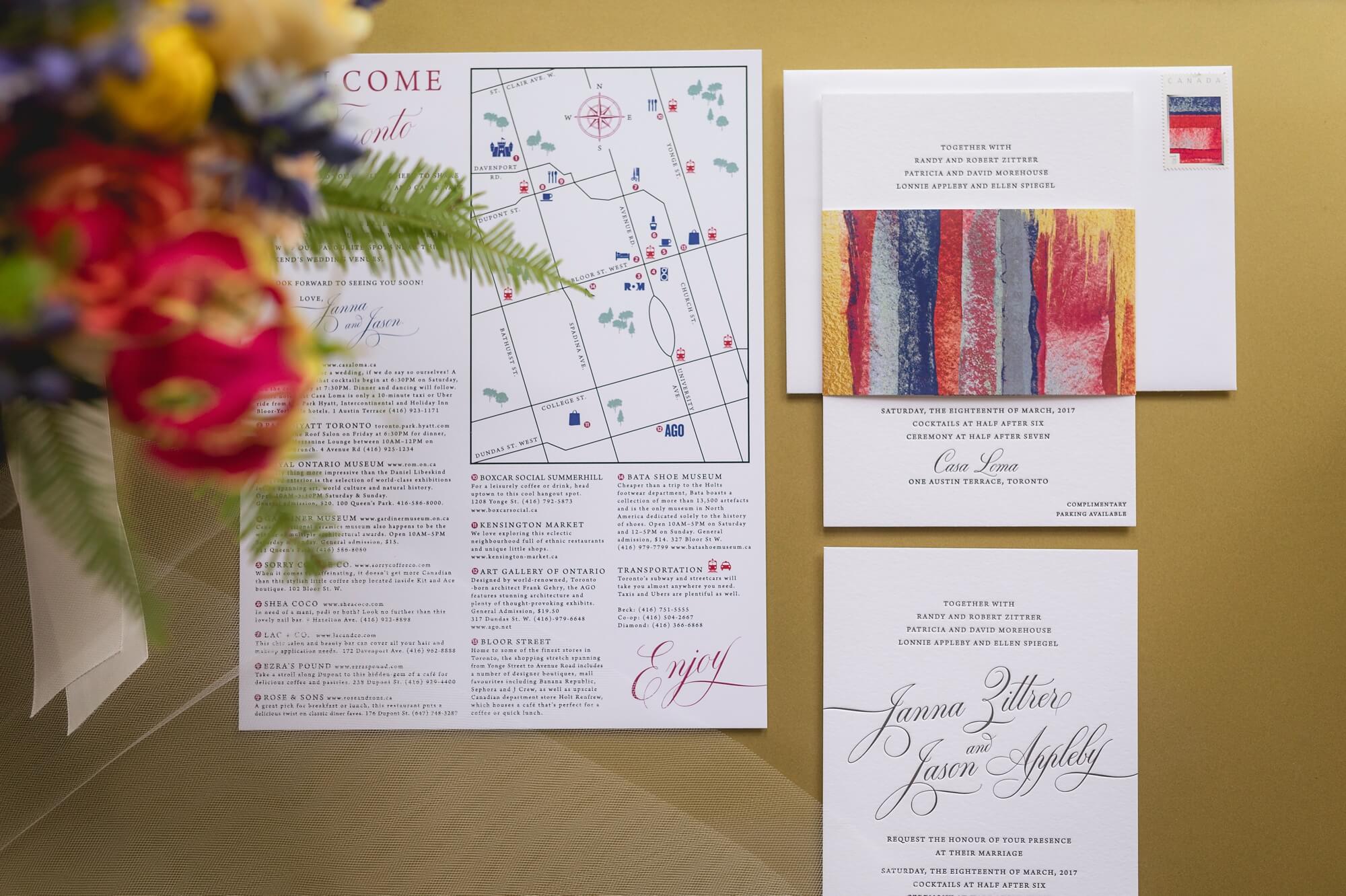 Detailed shots of wedding invitations in Toronto at Casa Loma