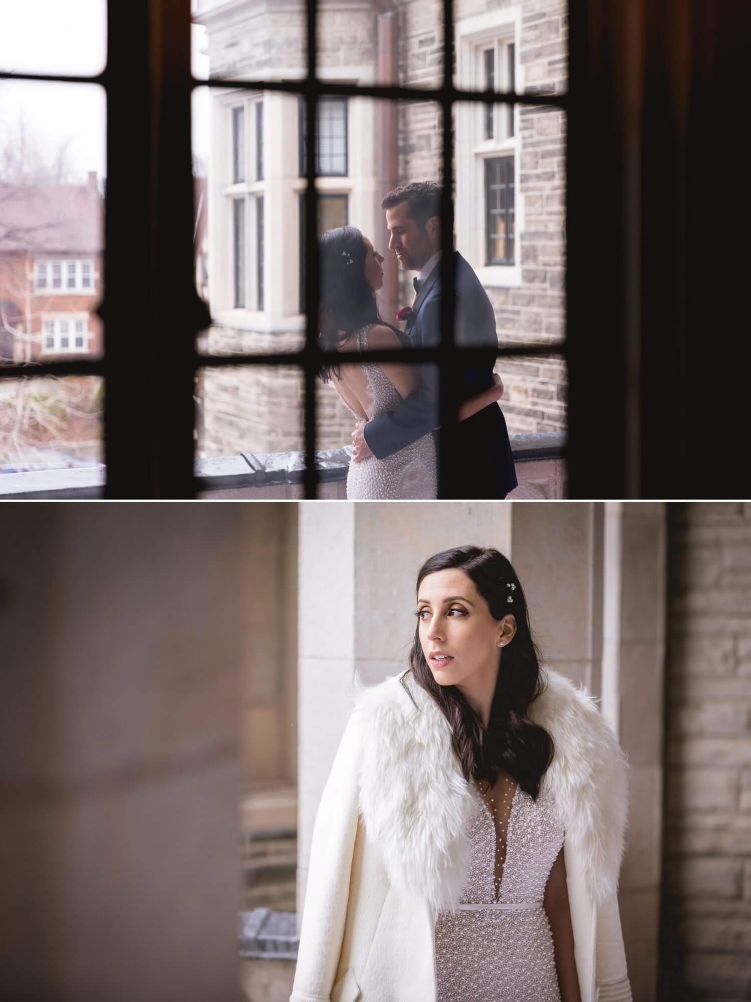 Portrait of the bride and groom through a window at Casa Loma in Toronto
