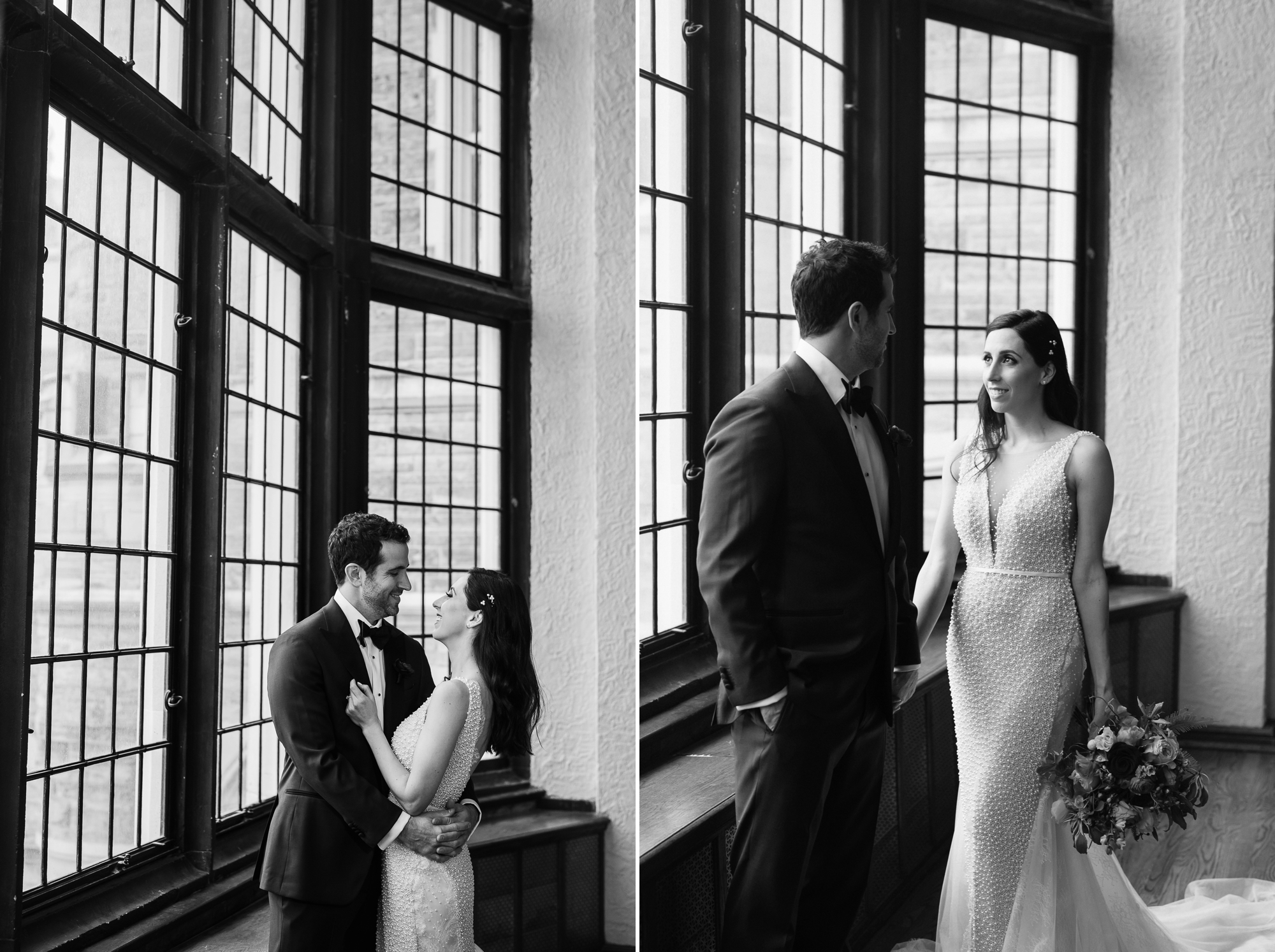 Black and White portraits of the bride and groom in front of a large window together at Casa Loma in Toronto