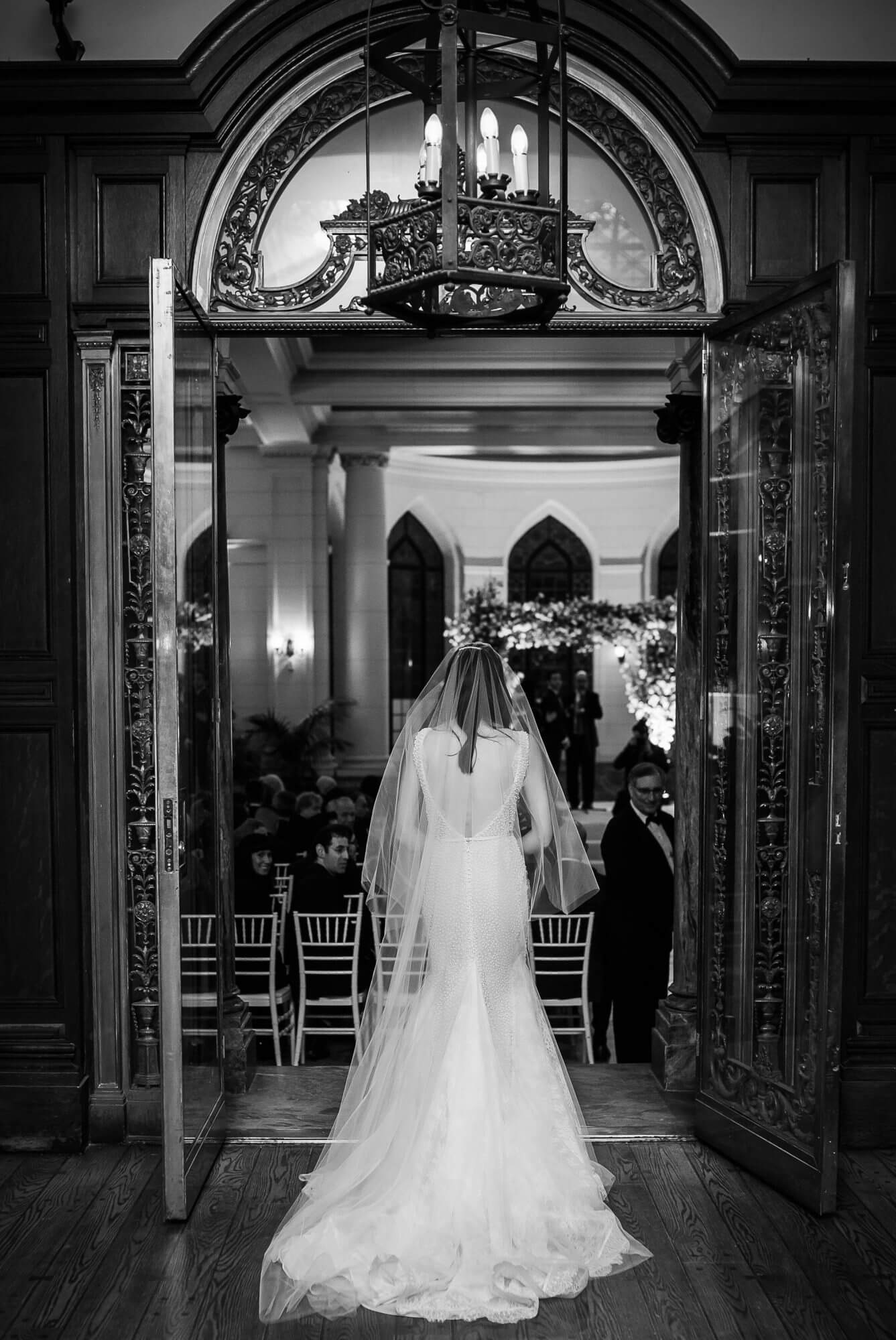 Black and White portrait of the Bride about to go down the aisle at Casa Loma in Toronto