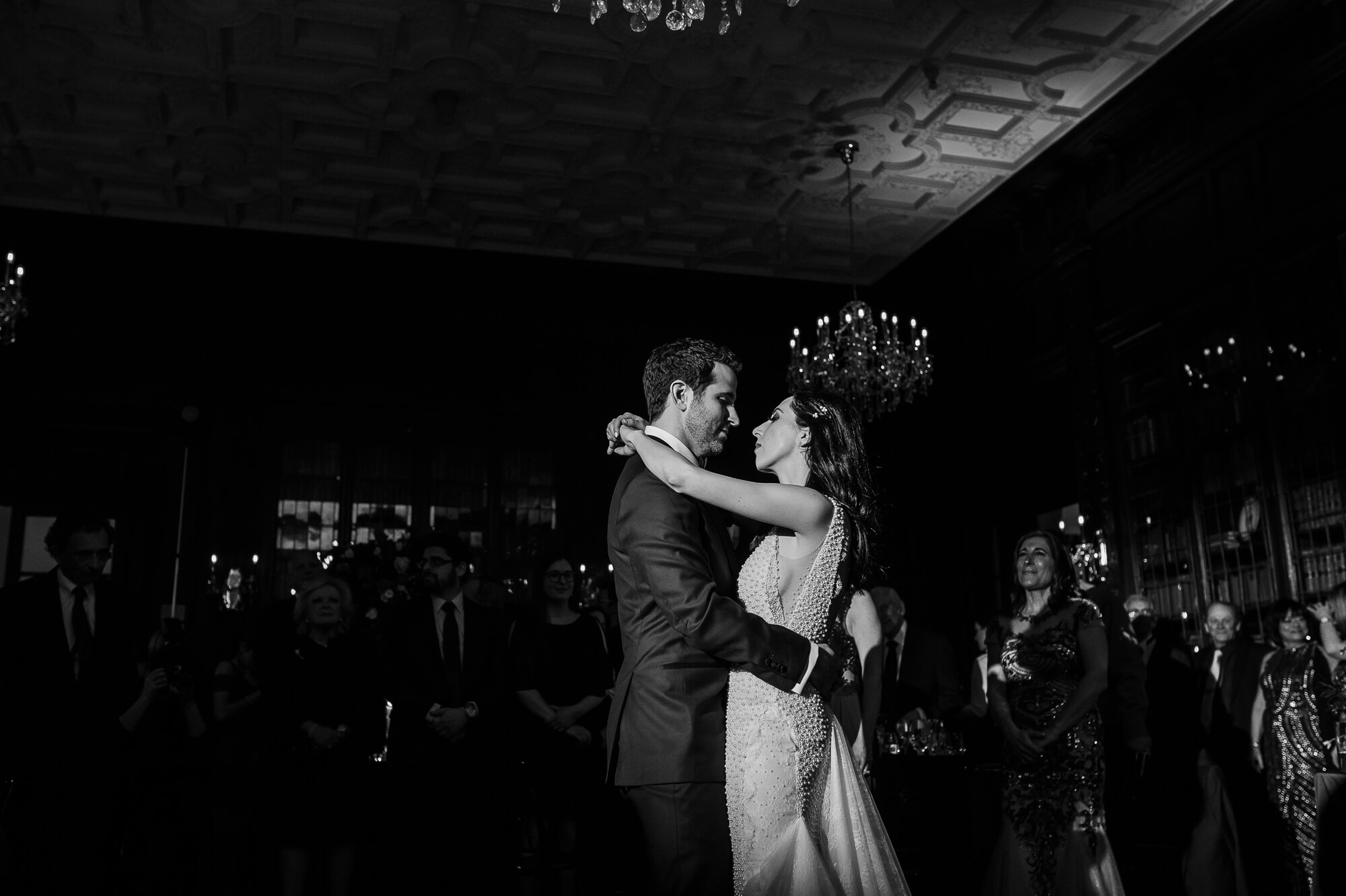 Beautiful black and white portrait of the bride and groom's first dance at Casa Loma in Toronto
