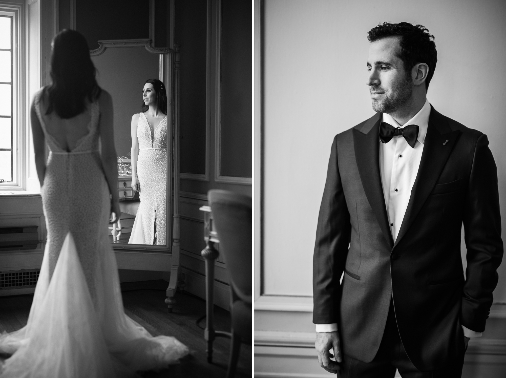 Black and White portraits of the Brides reflection in her wedding dress at Casa Loma in Toronto