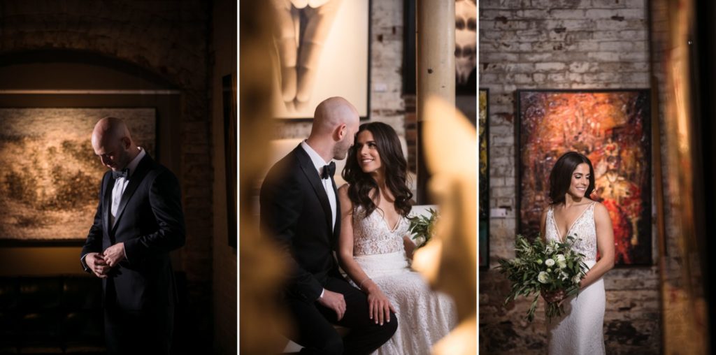 Rustic portraits of the bride and groom at The Thompson Landry Gallery in Toronto