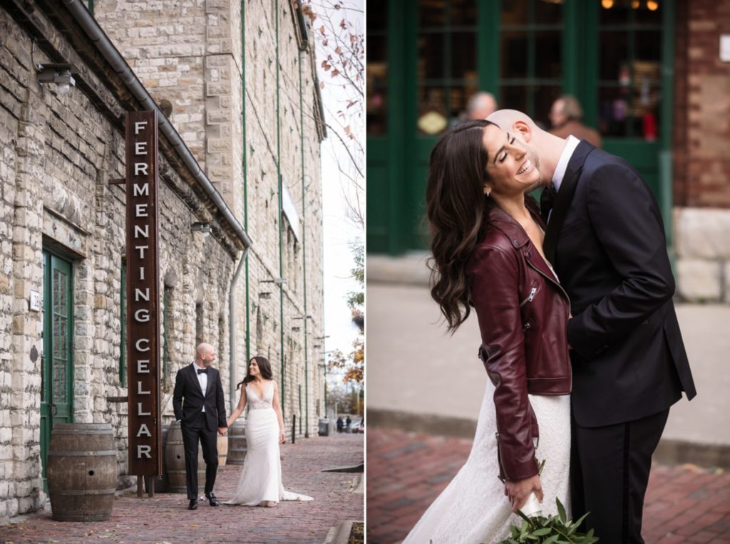 Intimate portraits of the bride and groom at the Christmas Market in the Distillery District, Toronto