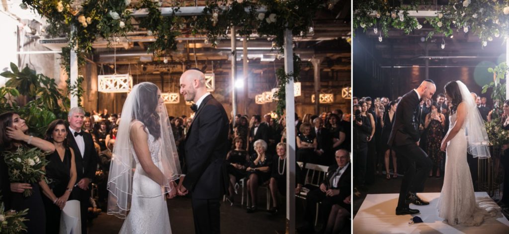 Portraits of the bride and groom under their flower covered chuppah alter at The Fermenting Cellar in Toronto
