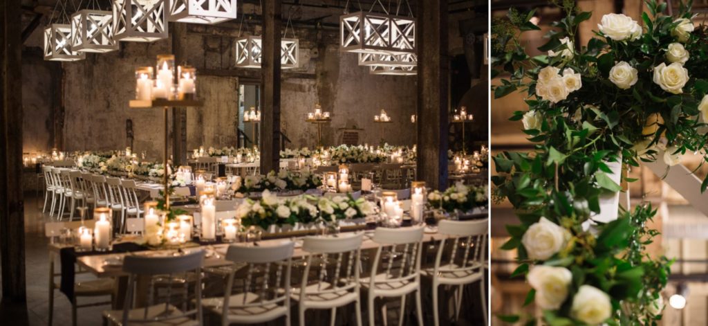 Details of the wedding reception tables, lit candles and flower centrepieces, decorated at The Fermenting Cellar in Toronto