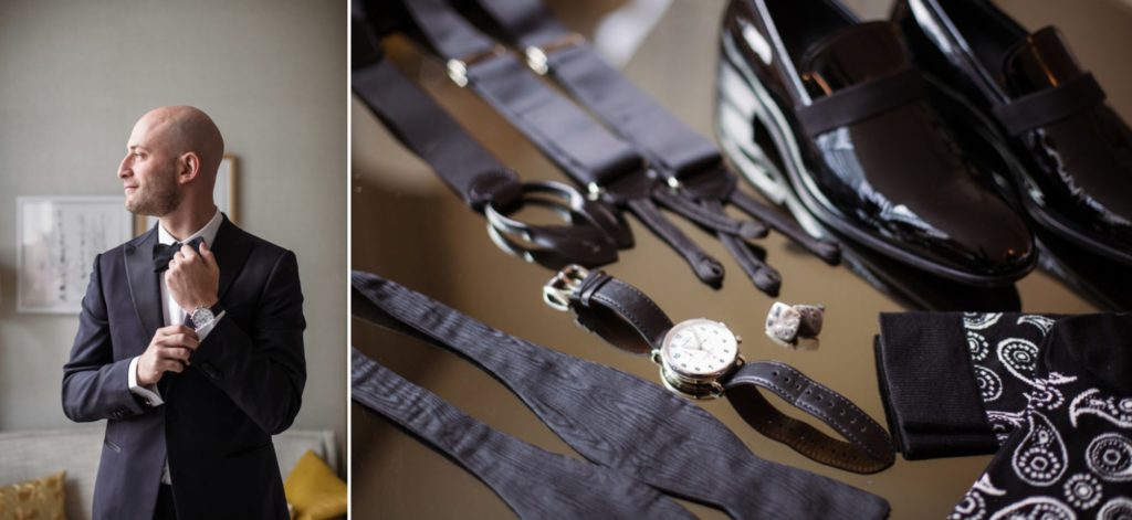Details of the grooms accessories and a portrait of him getting ready for his wedding day in Toronto