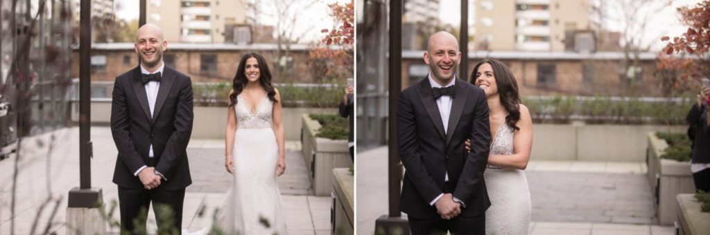Portraits of the bride and groom during their first look for their wedding day in Toronto