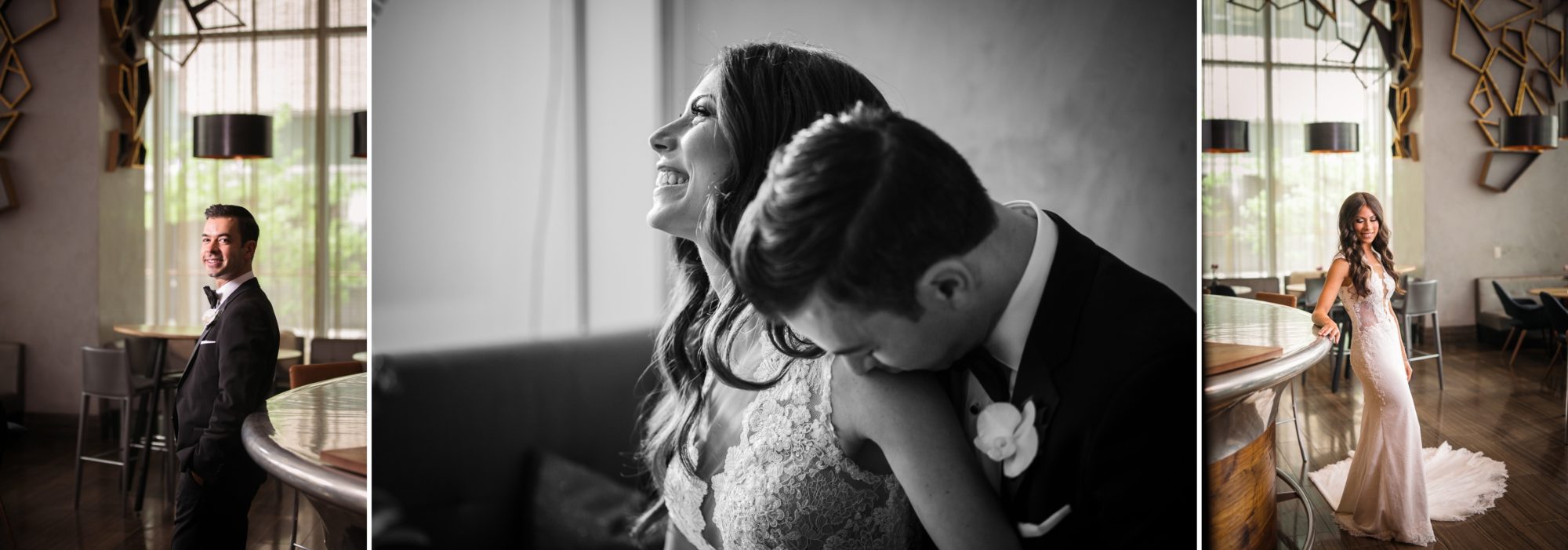 Playful black and white portrait of the groom kissing his bride's shoulder at The Ritz-Carleton, Toronto
