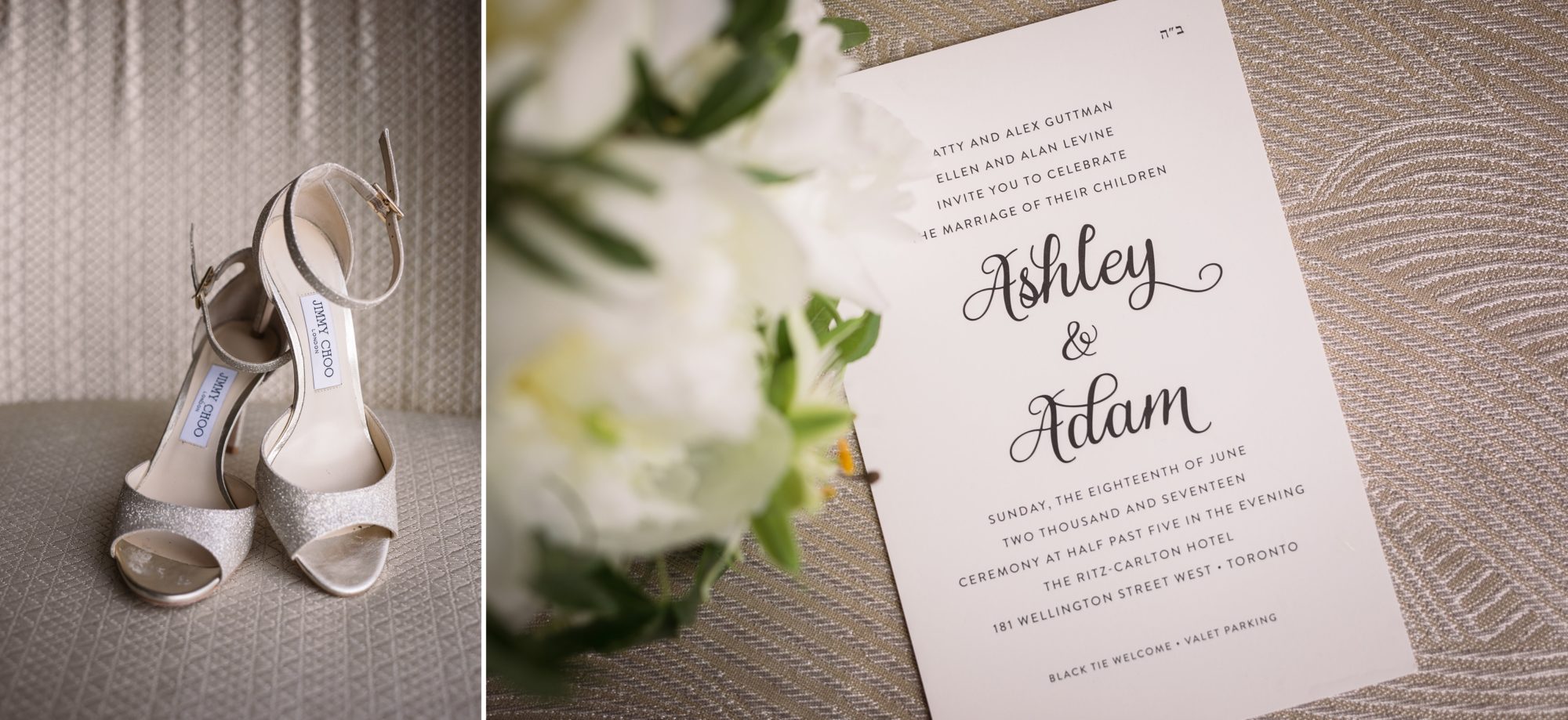 Details of the bride's silver wedding heels and wedding invitation 