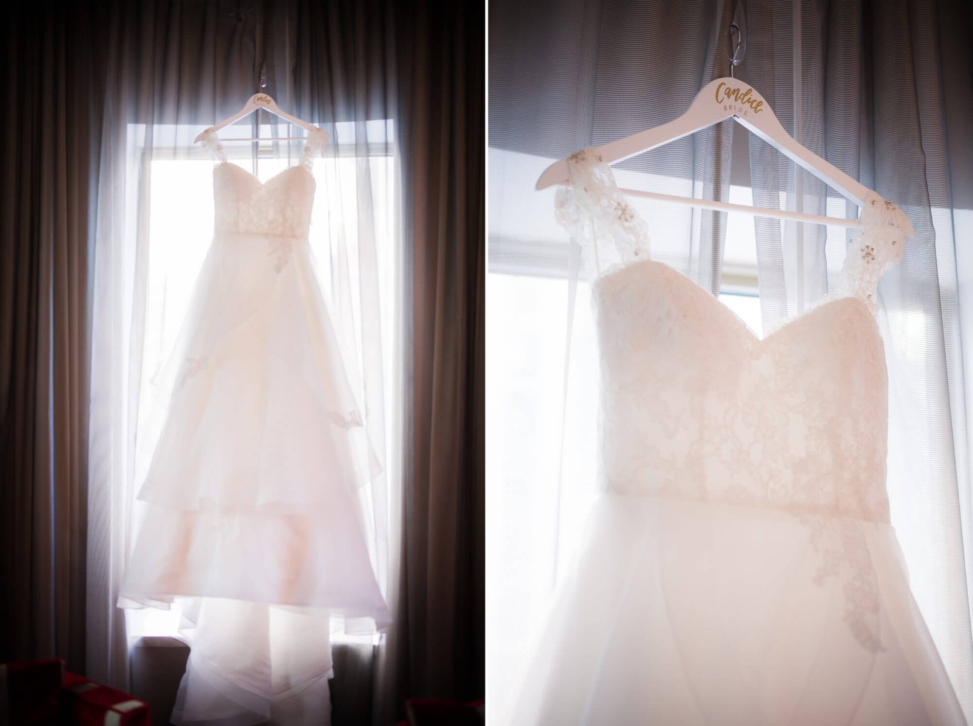 Details of the bride's wedding dress hanging in the window at Omni King Edward Hotel, Toronto