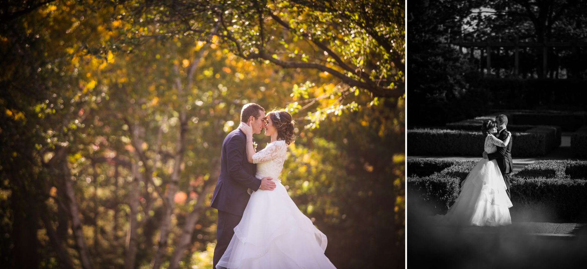 Bride and groom holding one another underneath the fall leaves in Toronto 