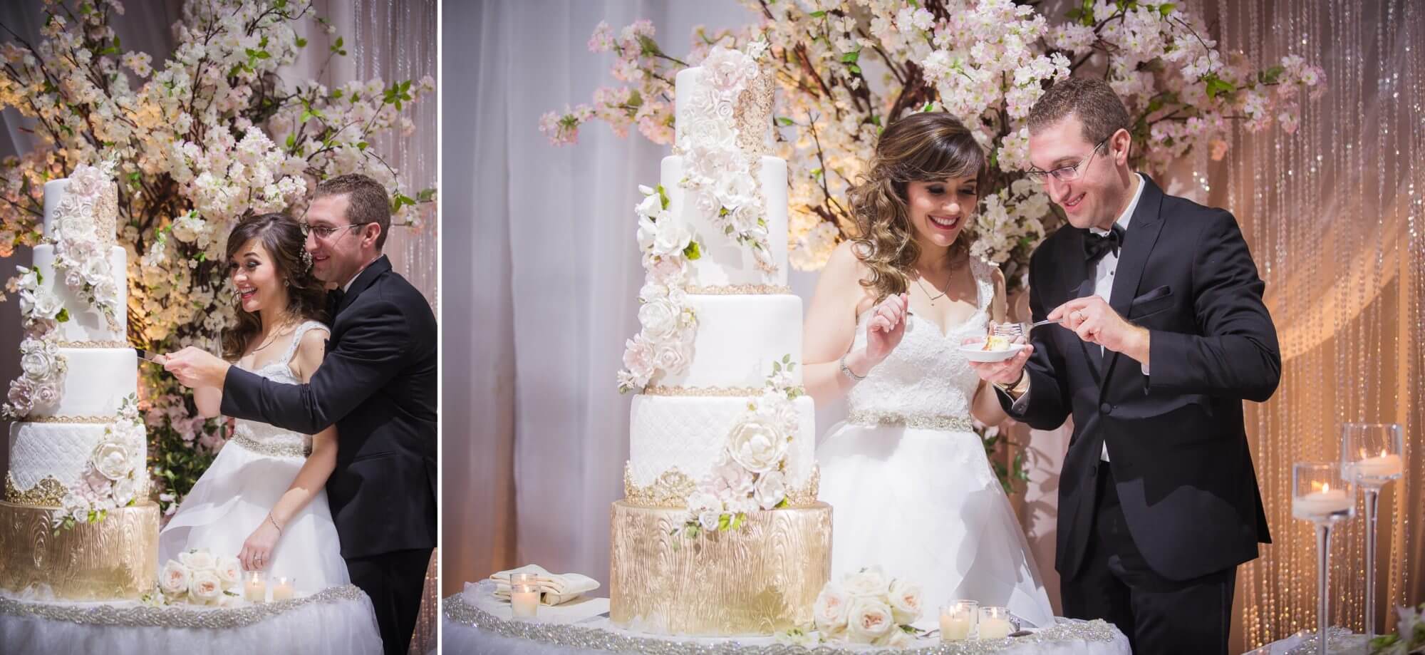 Bride and groom cutting their 5 tier pink and gold wedding cake at Universal Eventspace, Toronto