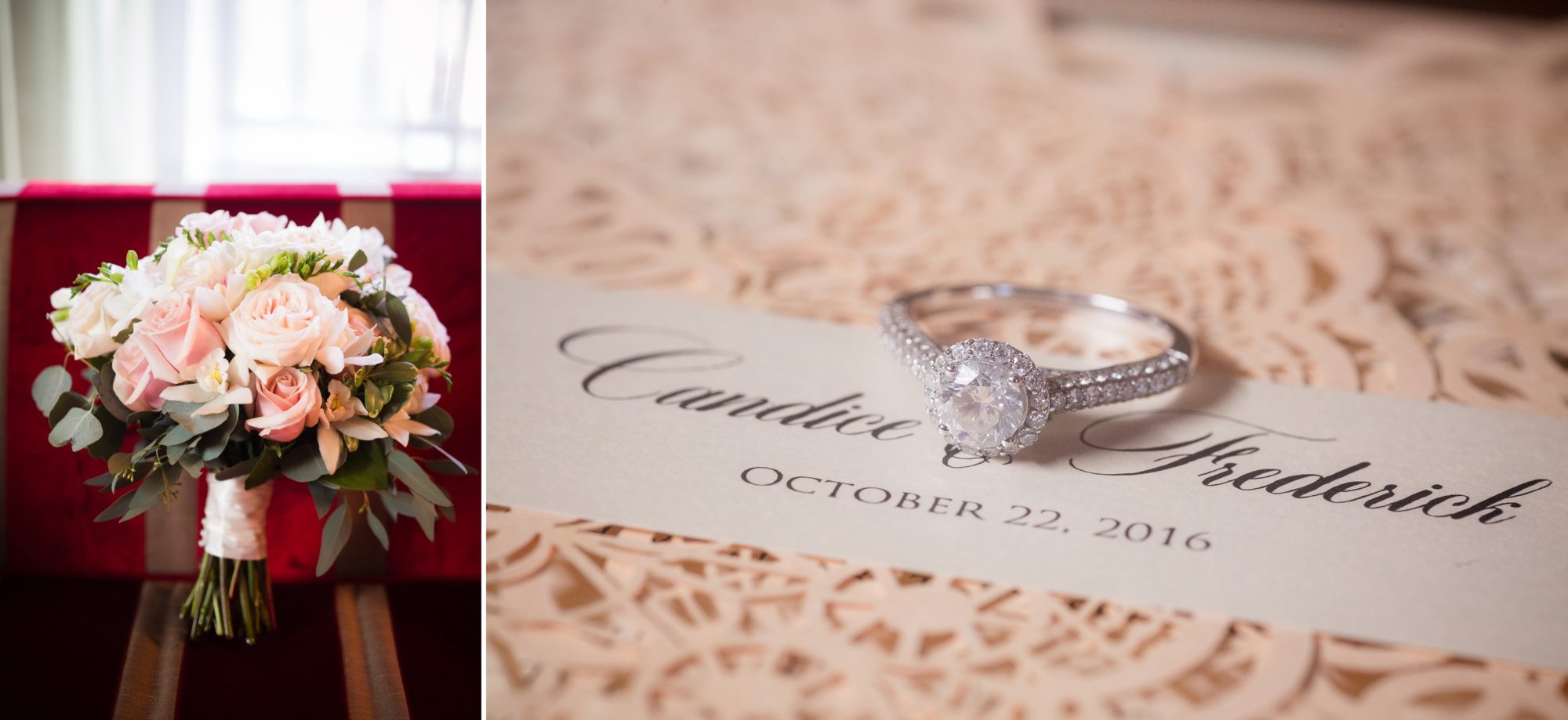Details of the bride's engagement ring on top of the bride and grooms wedding invitations