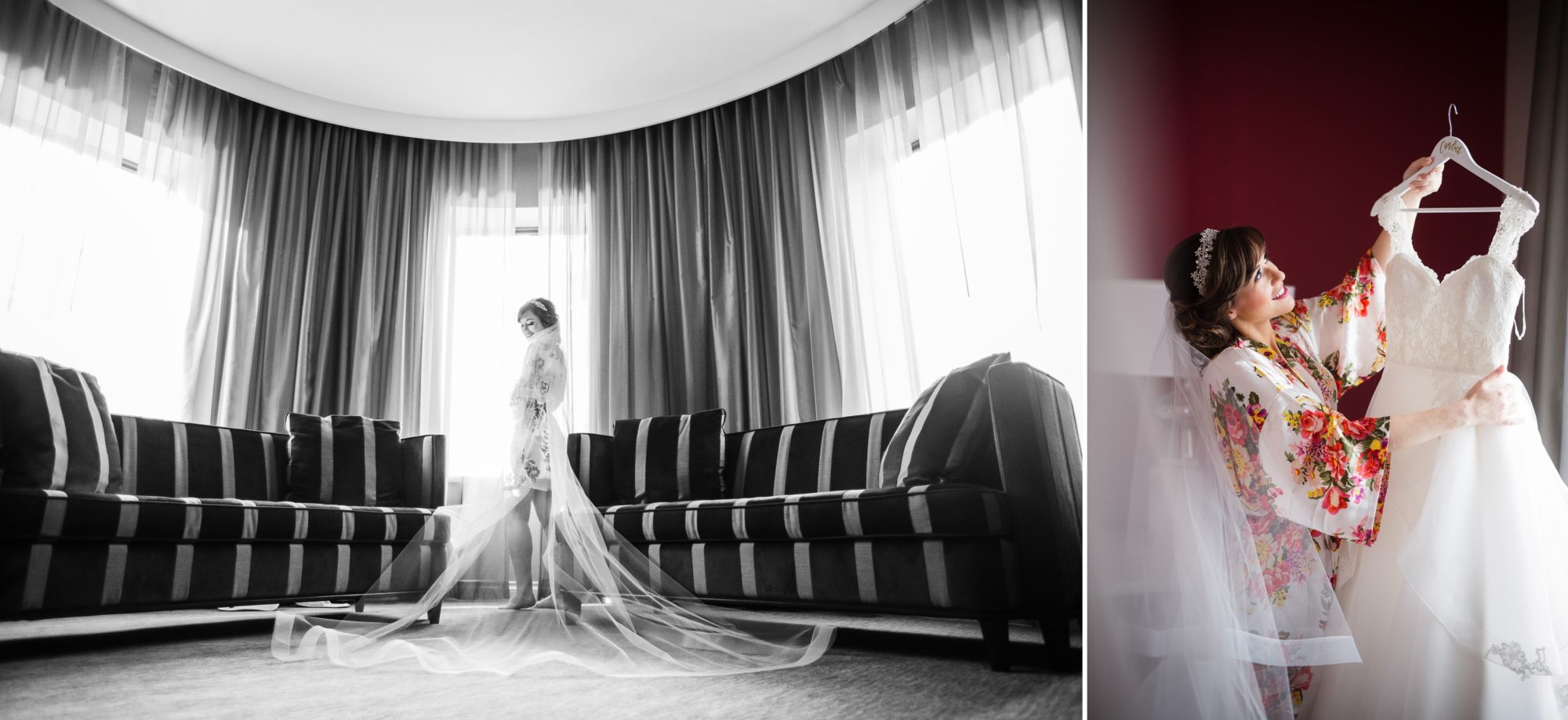 Elegant black and white portrait of the bride trailing her veil at the Omni King Edward Hotel, Toronto