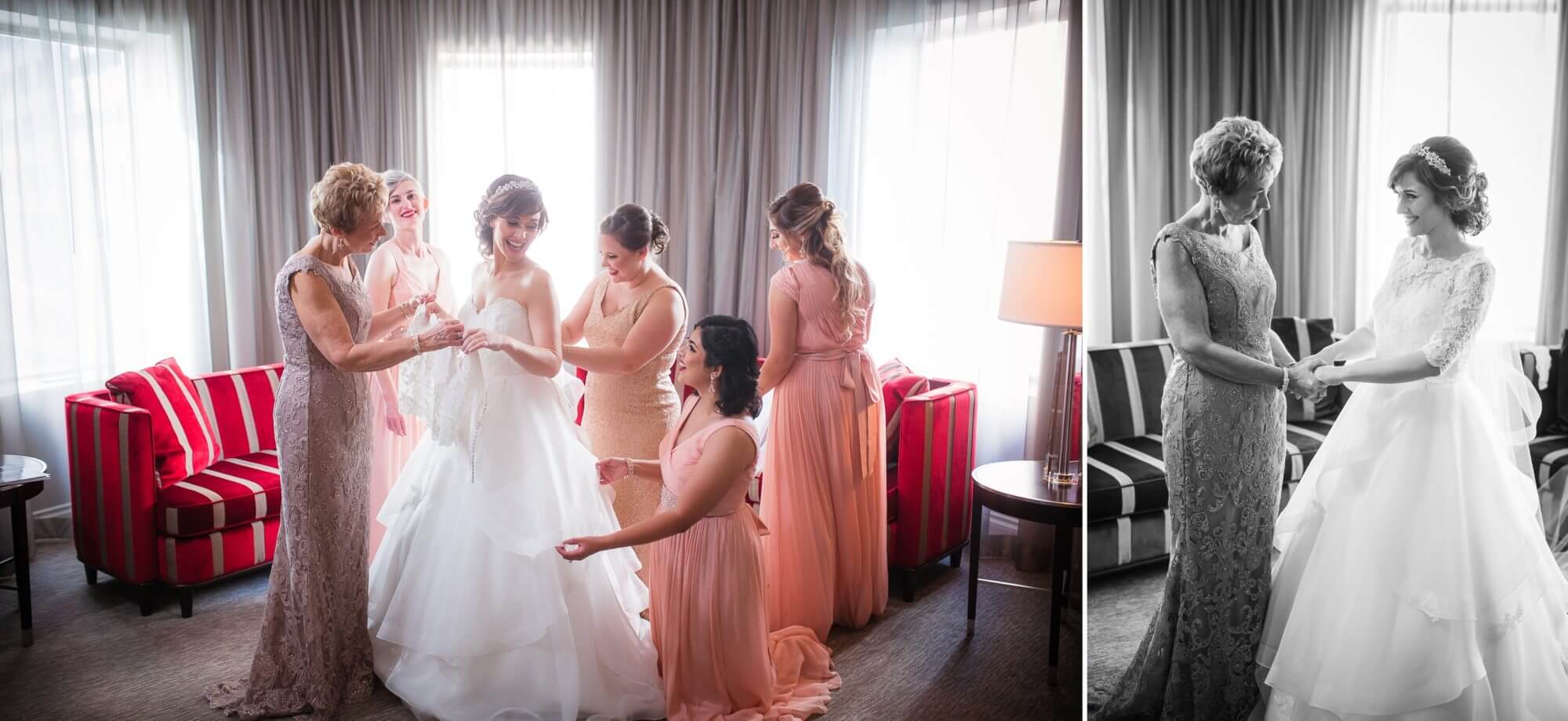 Portrait of the bride's getting on her gown, surrounded by her bridesmaid's at Omni King Edward Hotel, Toronto 