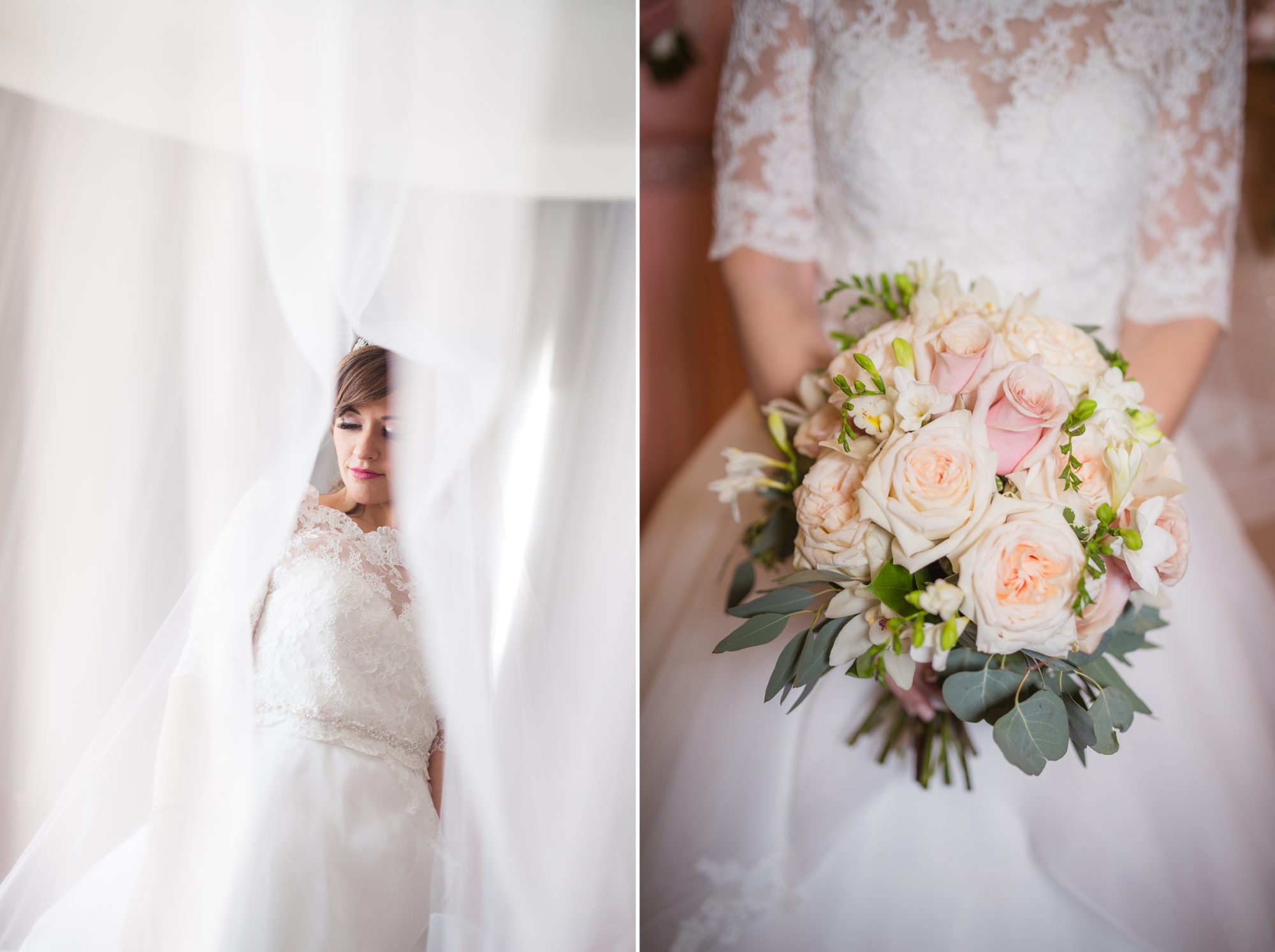 Beautiful portrait of the bride being spotted through white lace at the Omni King Edward Hotel, Toronto