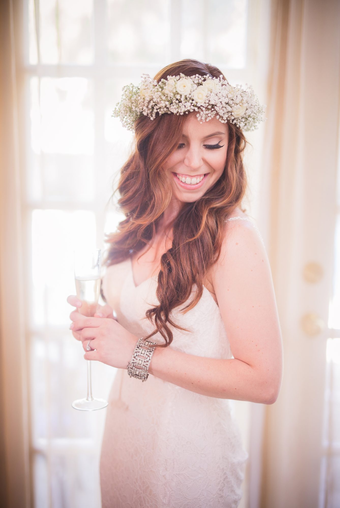 bride wearing floral crown